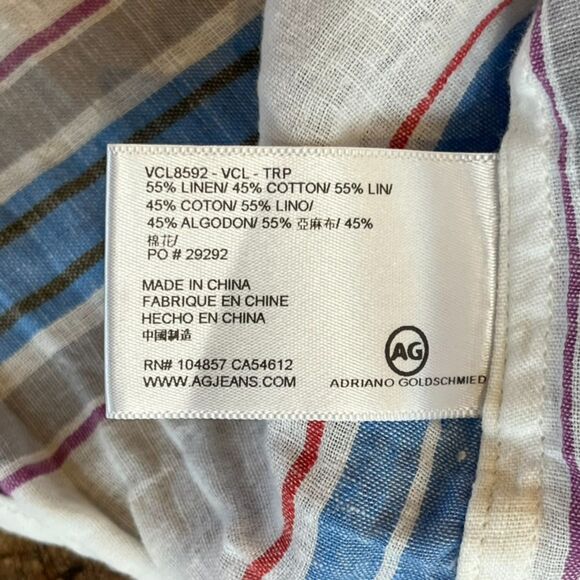 AG Adriano Goldschmeid Linen Cotton Button Front Shirt Band Collar Medium - Picture 8 of 9